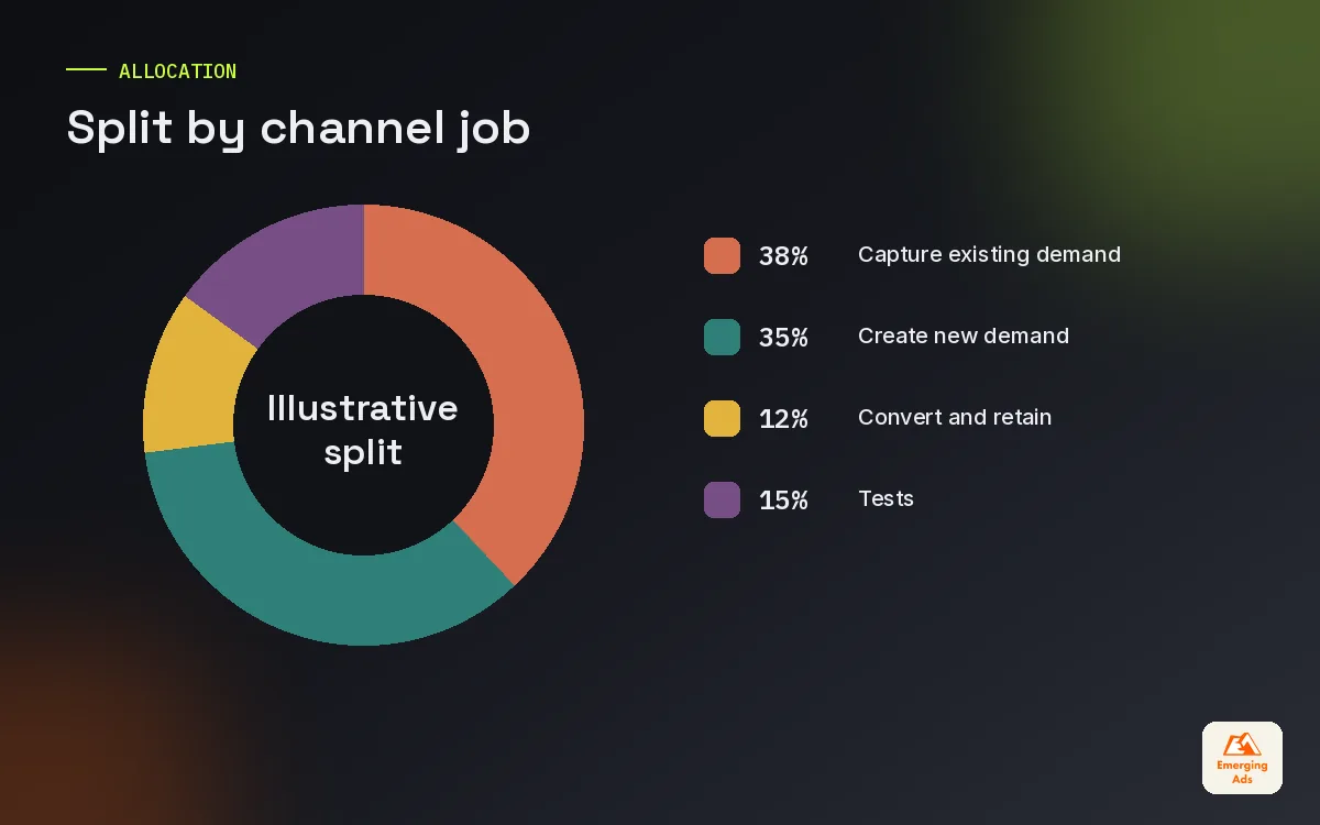 Donut chart showing an illustrative ad budget split across capture, creation, retention and testing