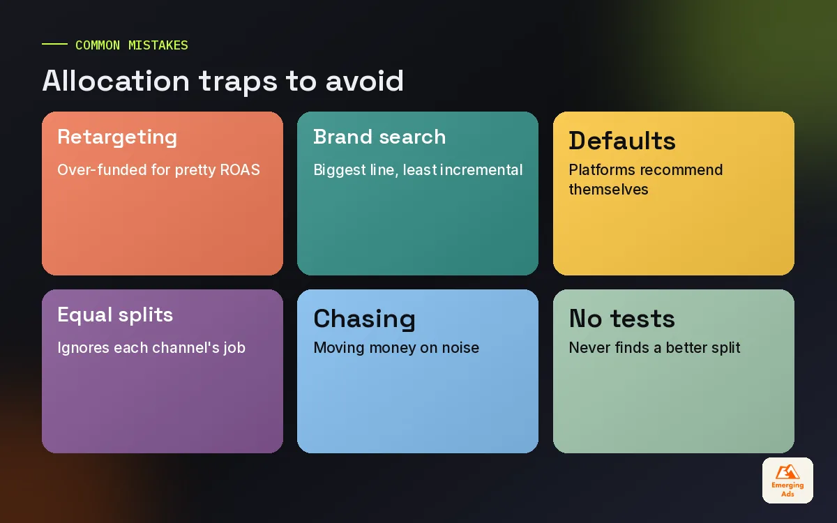 Colourful tiles listing common ad budget allocation traps such as over-funding retargeting and equal splits