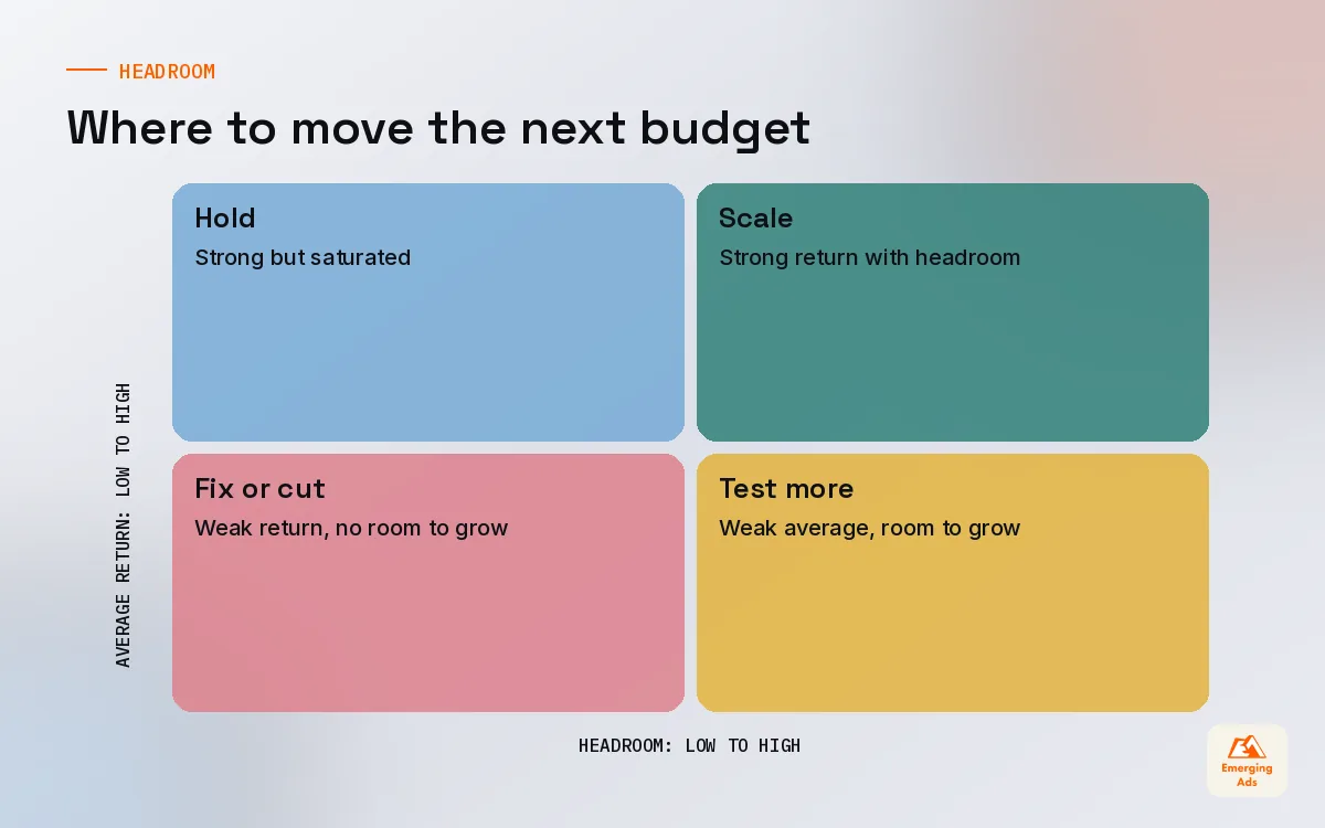 Matrix comparing channels by average return and marginal headroom to guide budget moves