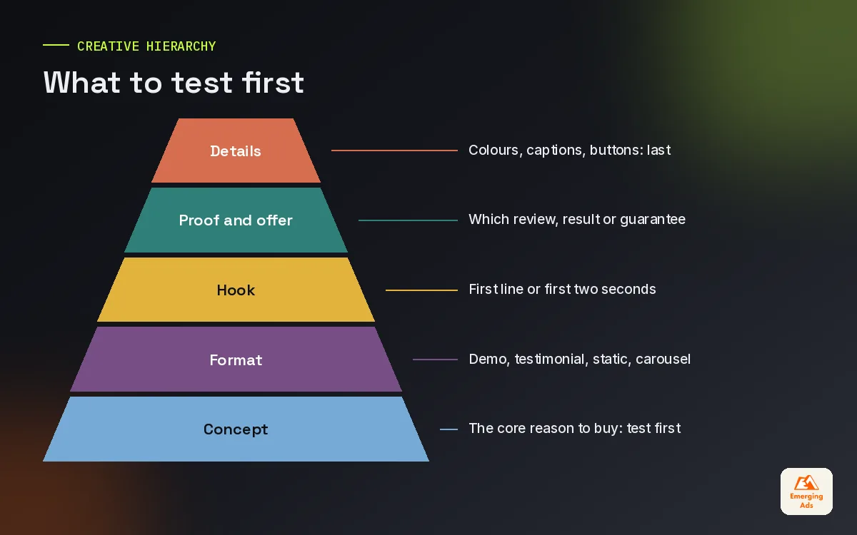 Pyramid showing what to test in ads first, from concept at the base to small details at the top