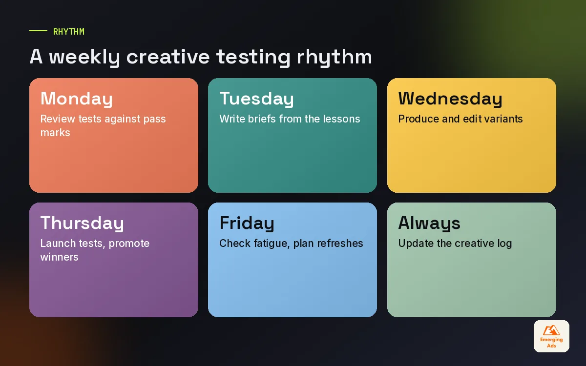 Colourful tiles showing the weekly creative testing rhythm from Monday review to Friday fatigue check
