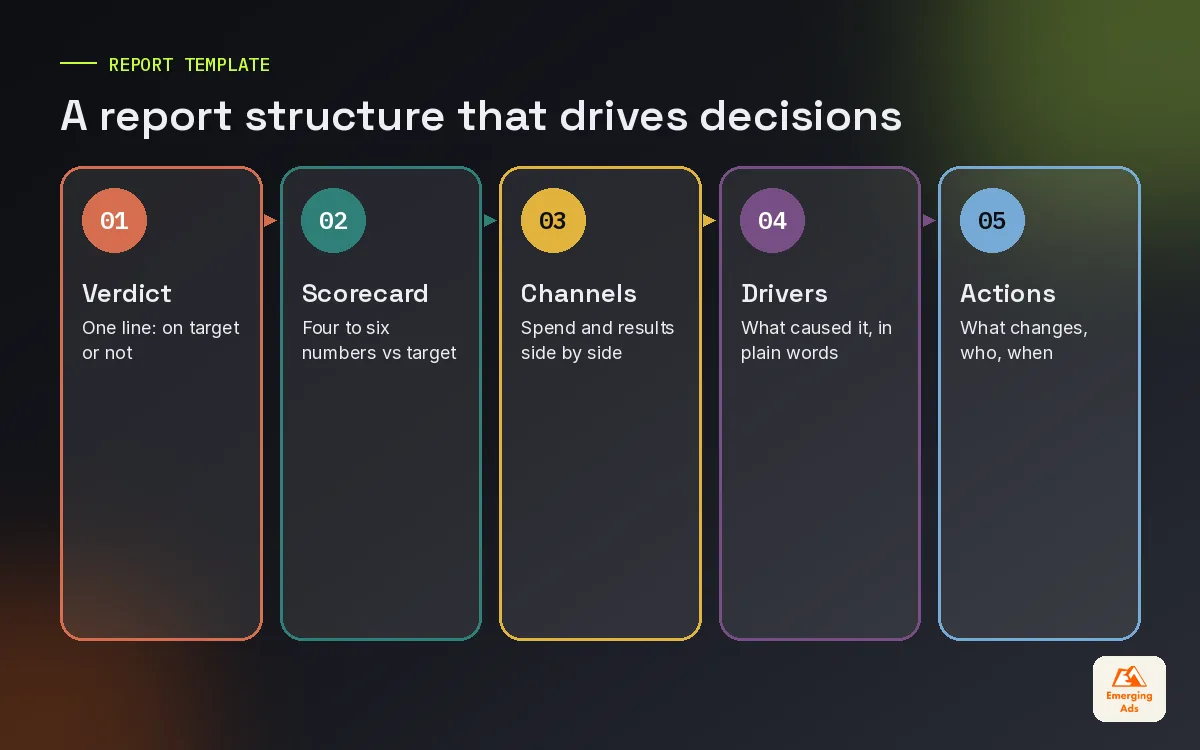 Five part monthly ad report structure from verdict to next actions