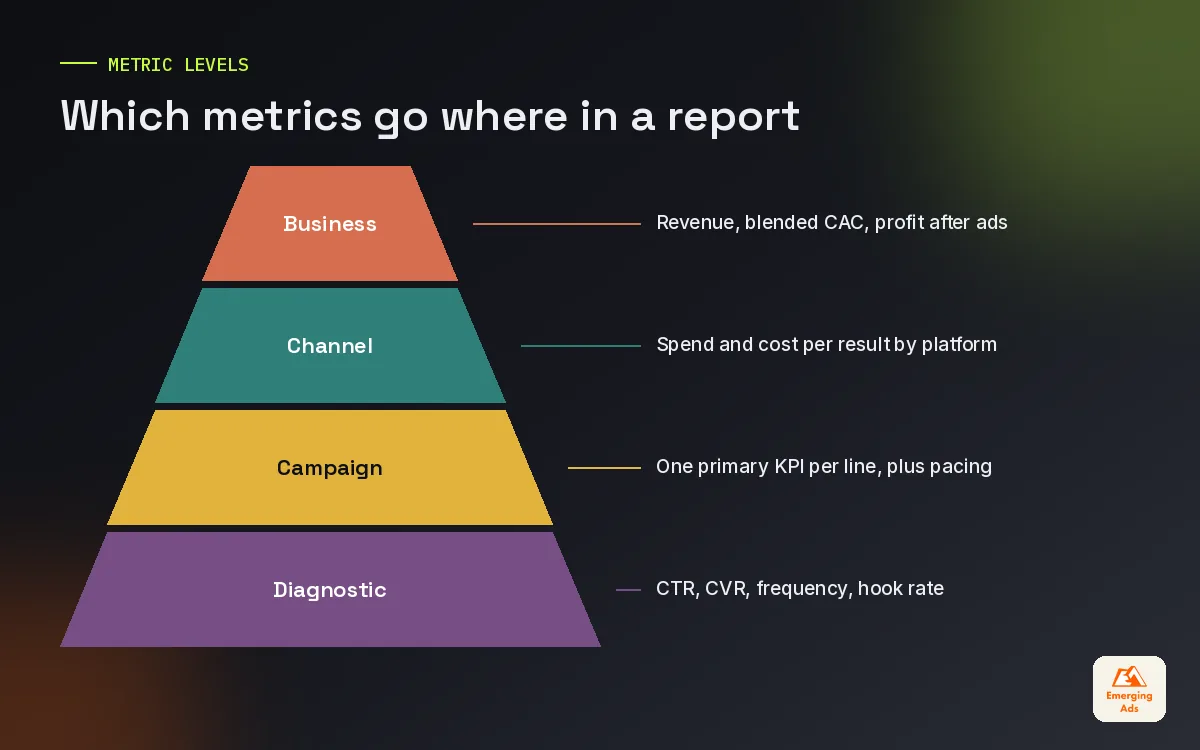 Pyramid of ad reporting metrics from business results at the top to diagnostics at the base