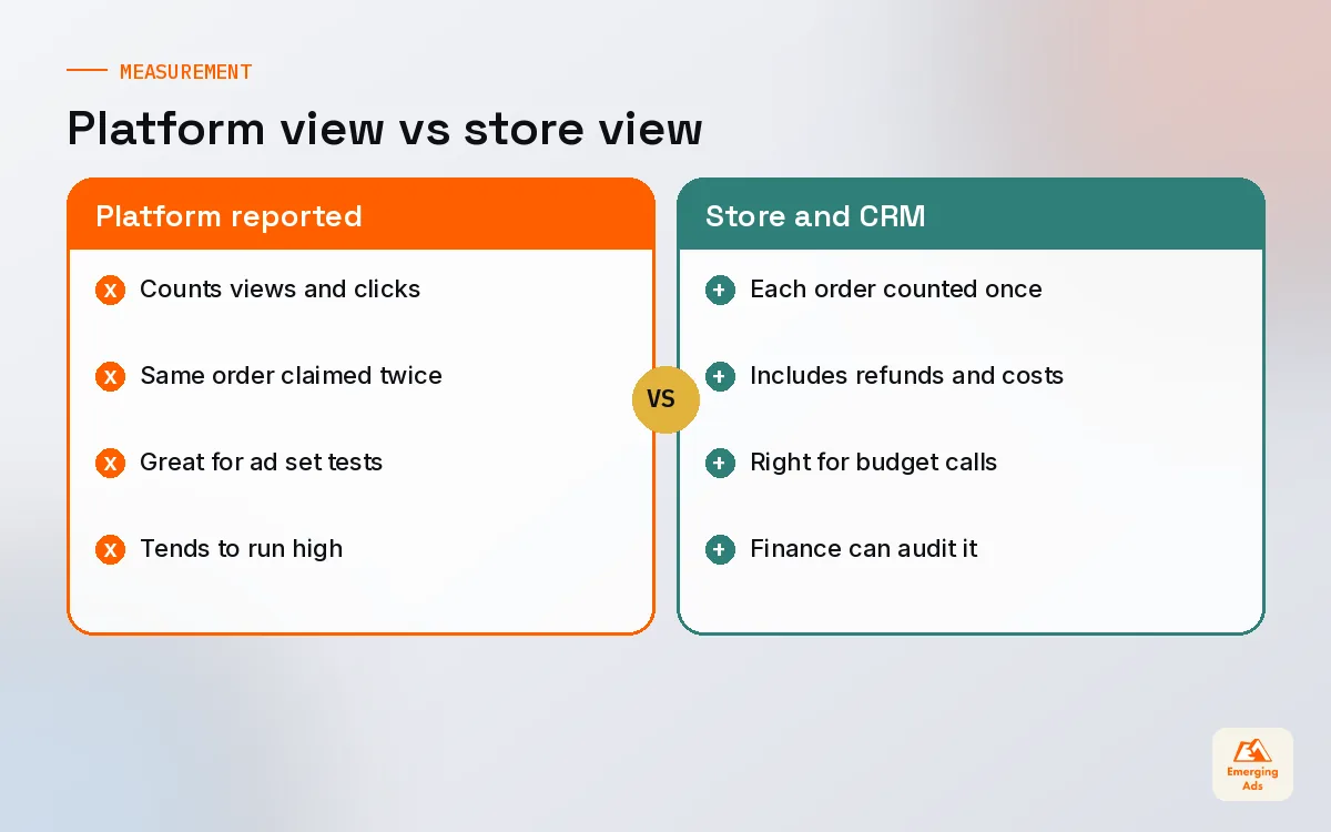 Comparison of platform reported ROAS against blended store based ROI