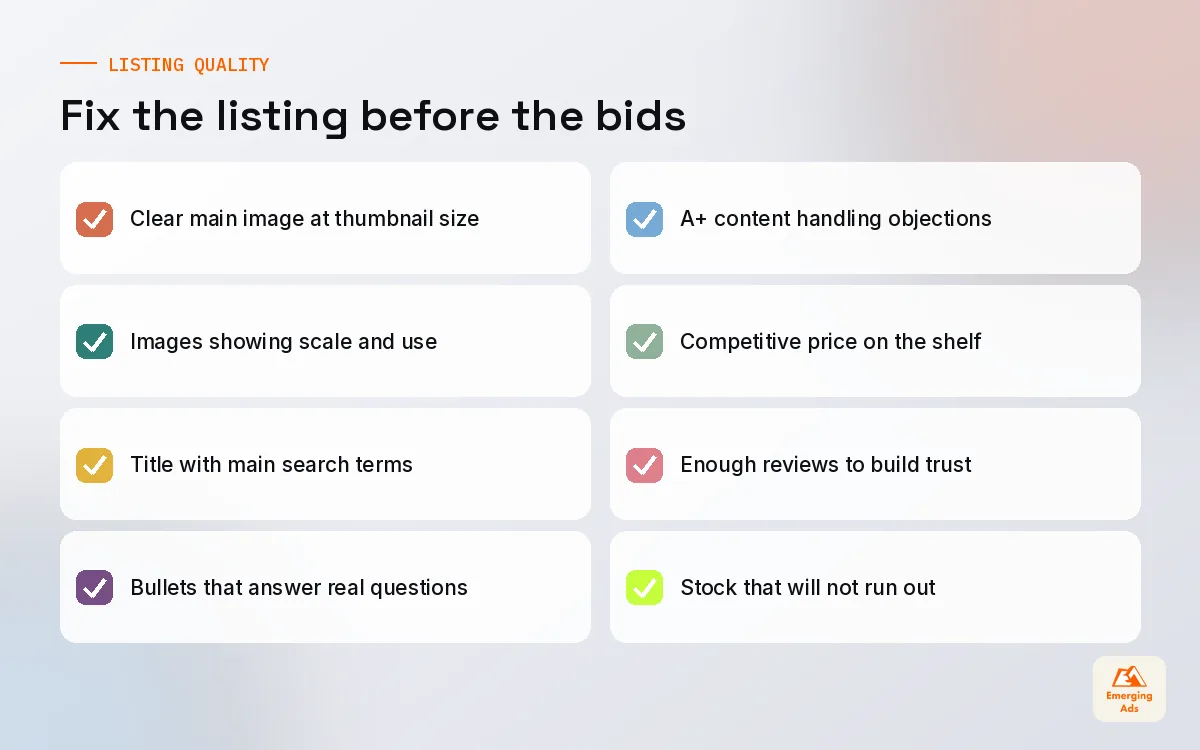 Checklist of Amazon listing fixes that lower ad costs, from main image to reviews and price