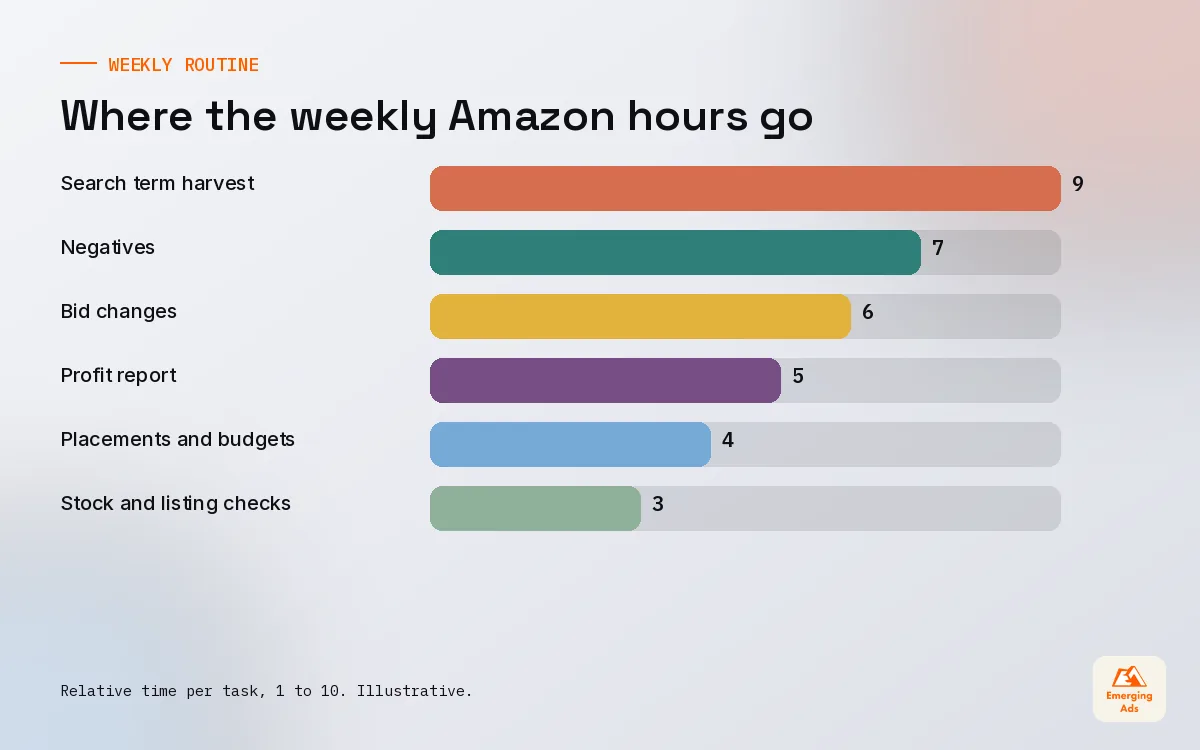 Bar chart of the time our team spends on each weekly Amazon PPC task