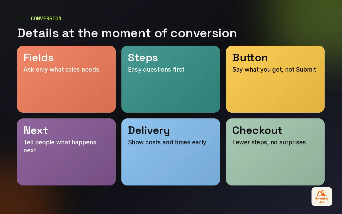 Colourful tiles listing conversion details for forms, buttons and checkouts on landing pages
