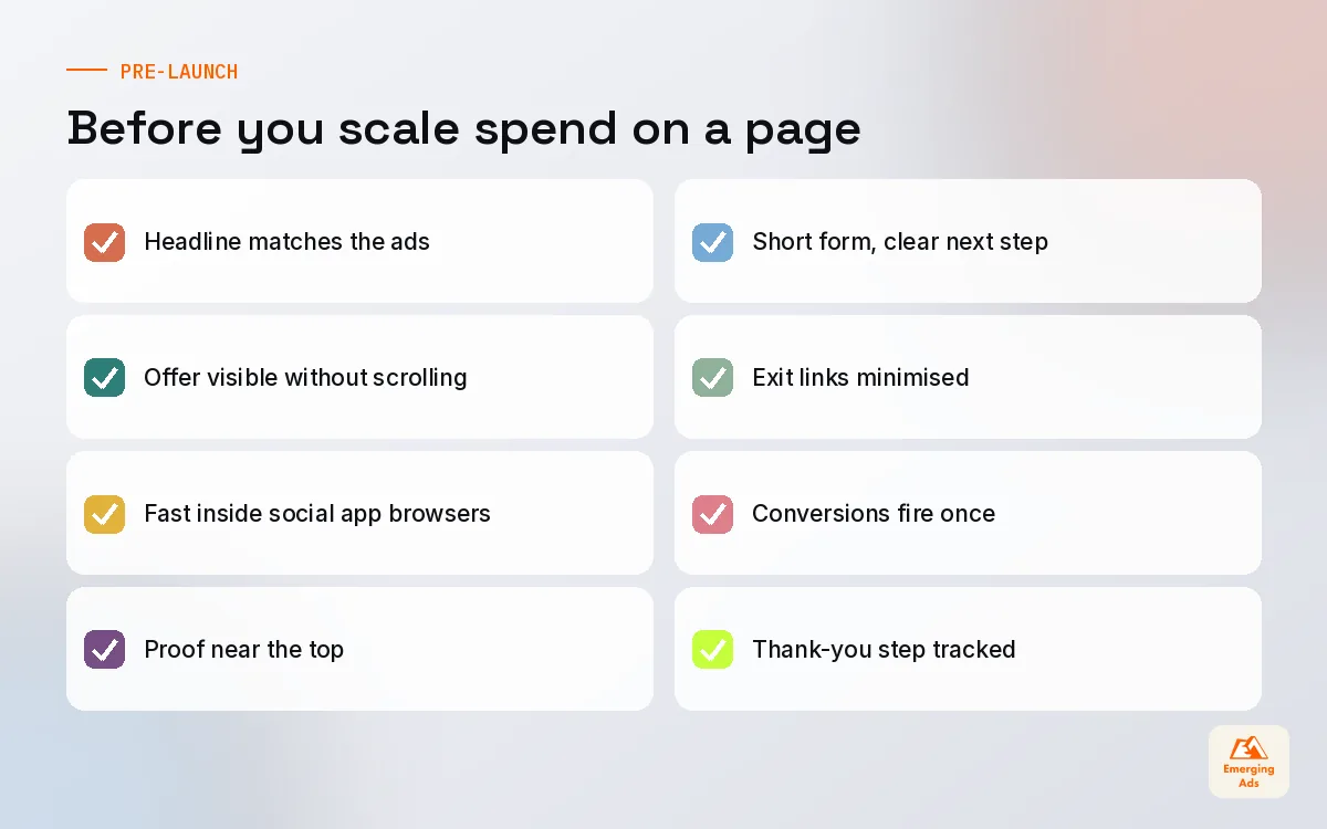 Pre launch landing page checklist covering message match, speed, proof, forms and tracking