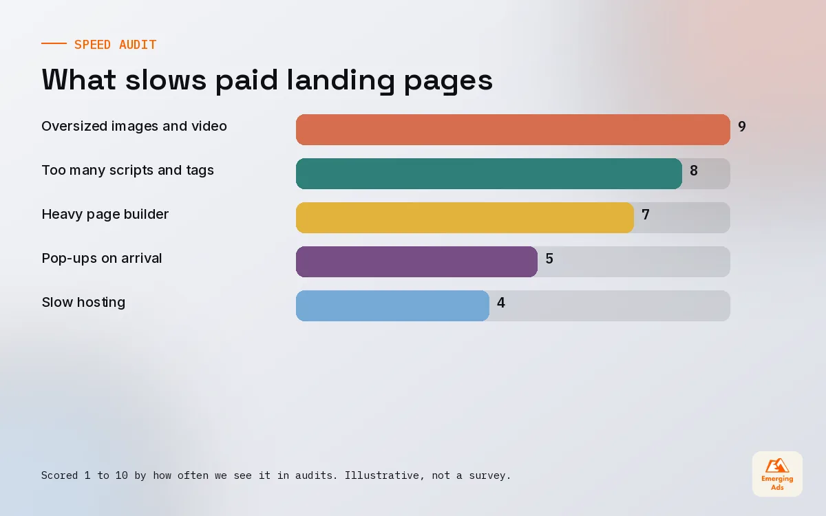 Bar chart ranking the most common causes of slow landing pages on paid traffic