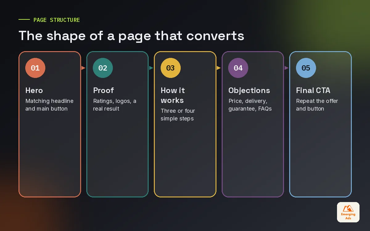 Five stage landing page structure from hero to final call to action