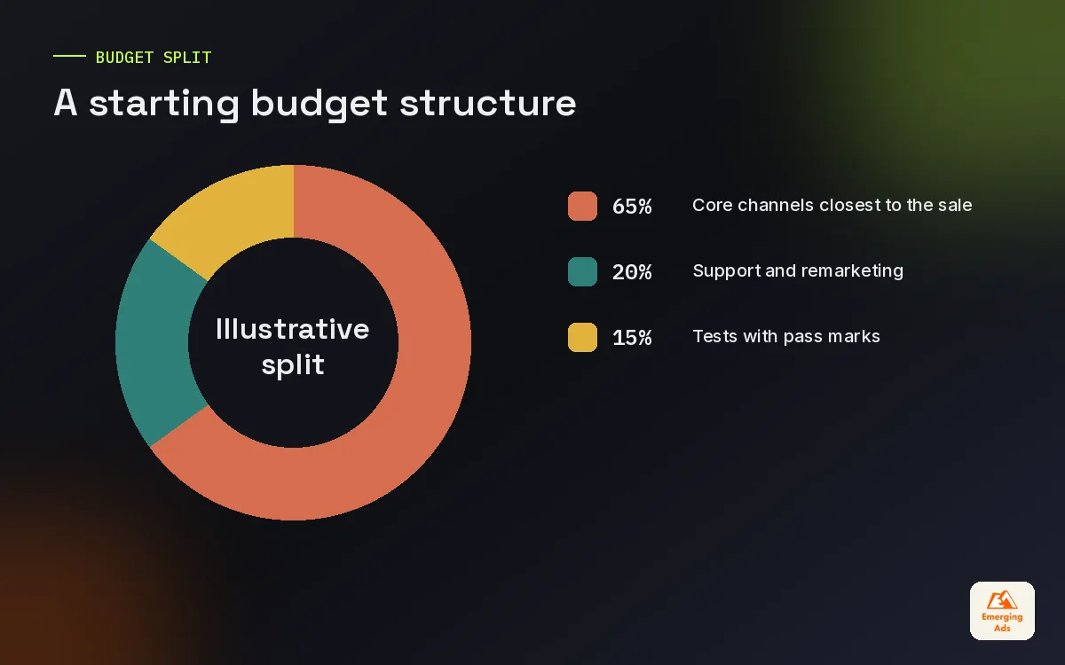 Donut chart showing an illustrative media budget split between core, support and test spend