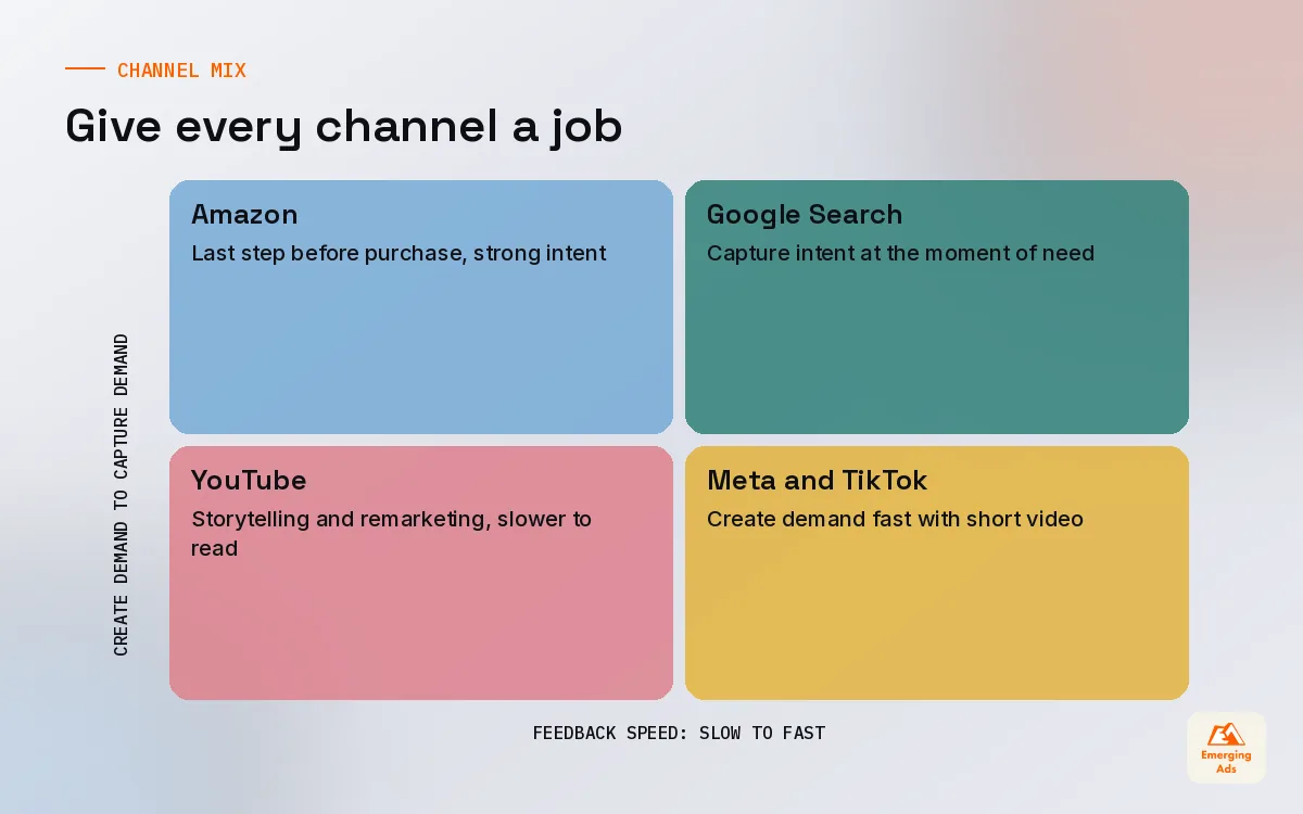Two by two matrix placing ad channels by whether they capture or create demand and by speed of feedback