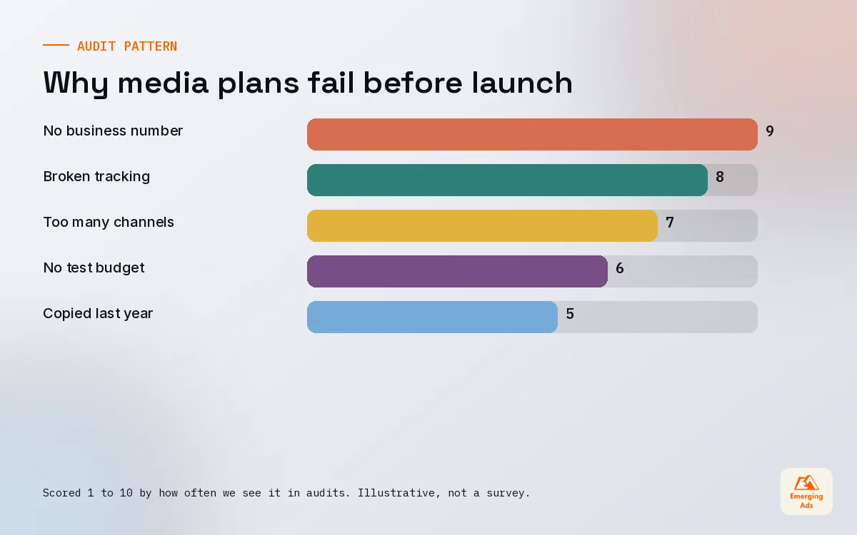 Bar chart ranking the reasons media plans fail, from no business goal to broken tracking