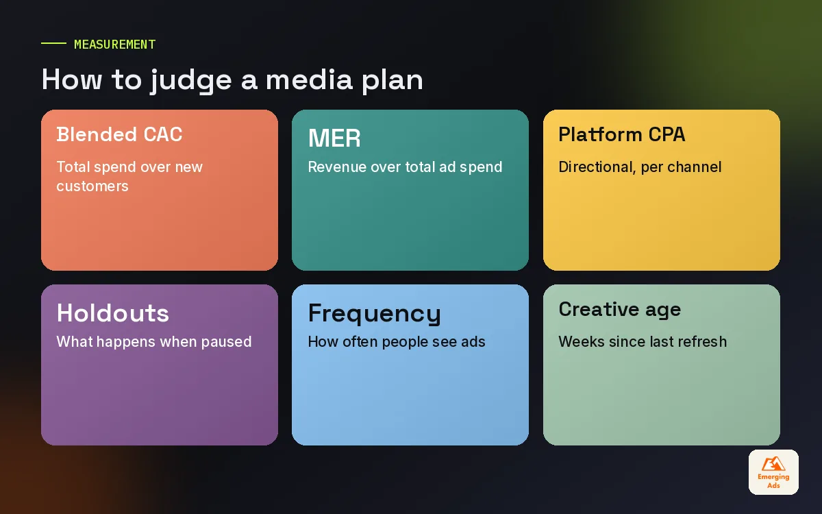 Colourful tiles listing the numbers used to judge a media plan, including blended CAC and incrementality