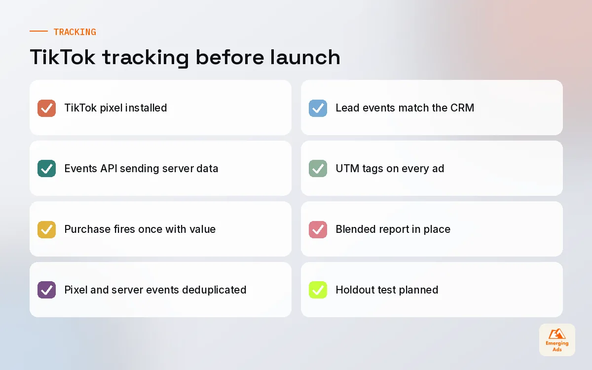 Checklist for TikTok ads tracking including pixel, Events API, deduplication and blended reporting