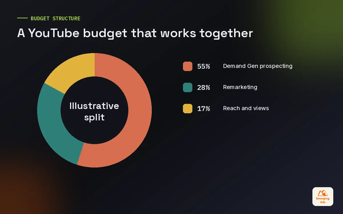 Donut chart showing an illustrative YouTube budget split across remarketing, Demand Gen and reach